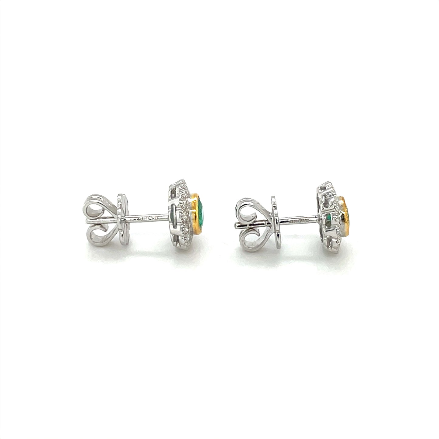 18ct White & Yellow Gold Emerald & Diamond Round Cluster Stud Earrings