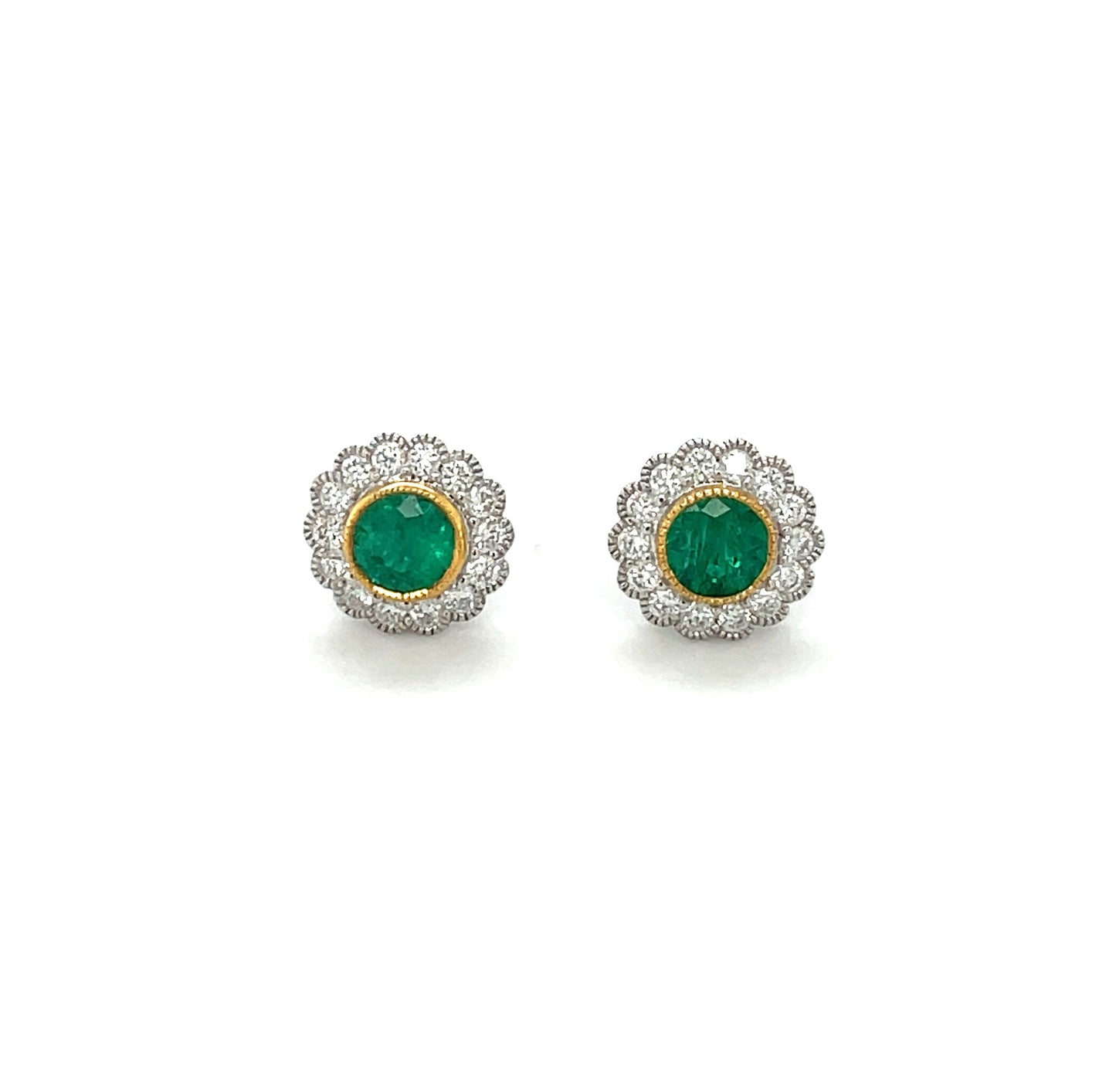 18ct White & Yellow Gold Emerald & Diamond Round Cluster Stud Earrings