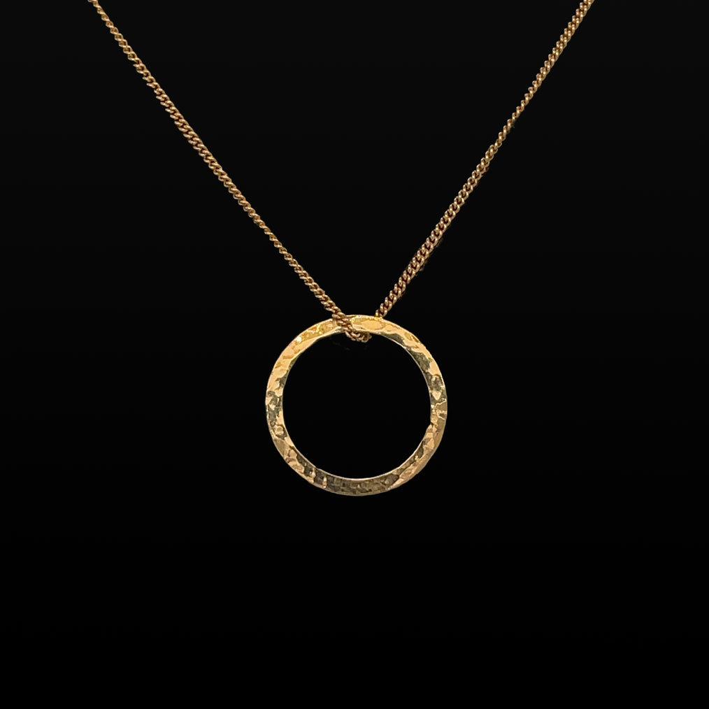 Yellow Gold Hammered Circle Pendant Necklace