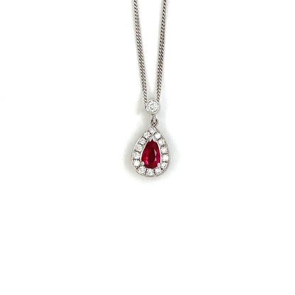 18ct White Gold Ruby & Diamond Pear-Shaped Cluster Pendant & Chain