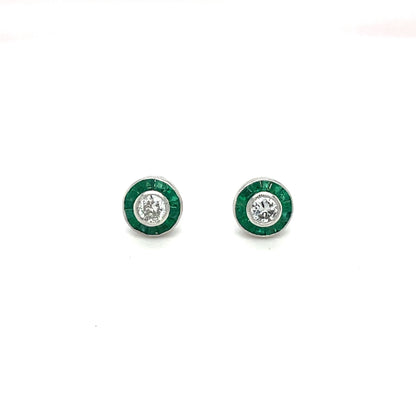Art Deco Style Diamond & Emerald Target Stud Earrings