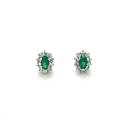 18ct White Gold Emerald & Diamond Cluster Stud Earrings