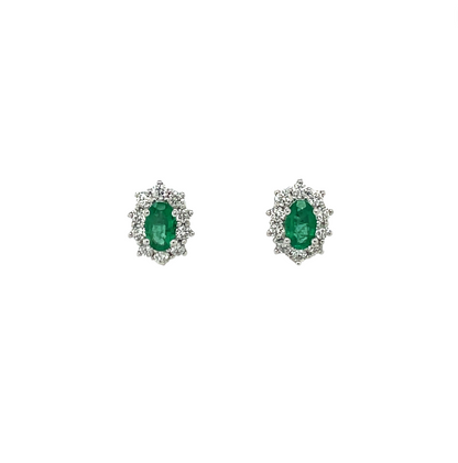18ct White Gold Emerald & Diamond Cluster Stud Earrings