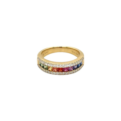 18ct Yellow Gold Multi-Coloured Sapphire & Diamond Rainbow Half-Set Eternity Ring (N)