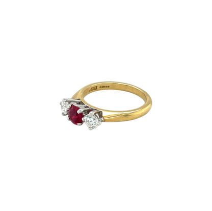18ct Yellow Gold Ruby & Diamond Three-Stone Ring (M)