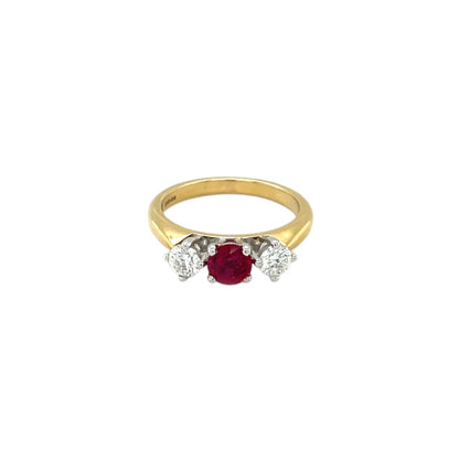 18ct Yellow Gold Ruby & Diamond Three-Stone Ring (M)