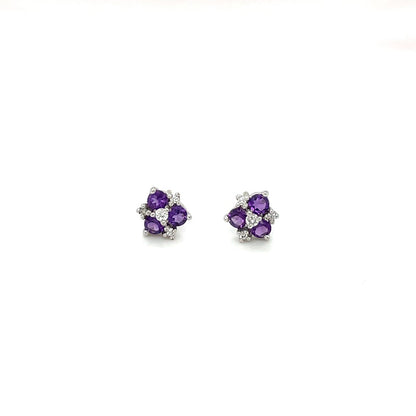 18ct White Gold Amethyst & Diamond Cluster Stud Earrings