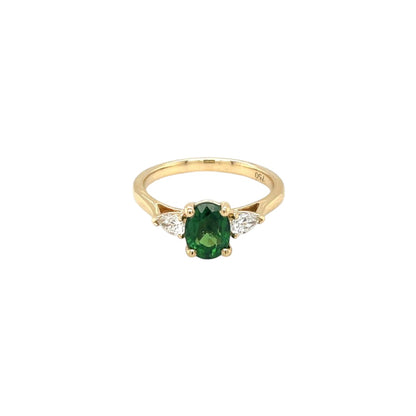 18ct Yellow Gold Chrome Tourmaline & Diamond Three-Stone Ring (M1/2)