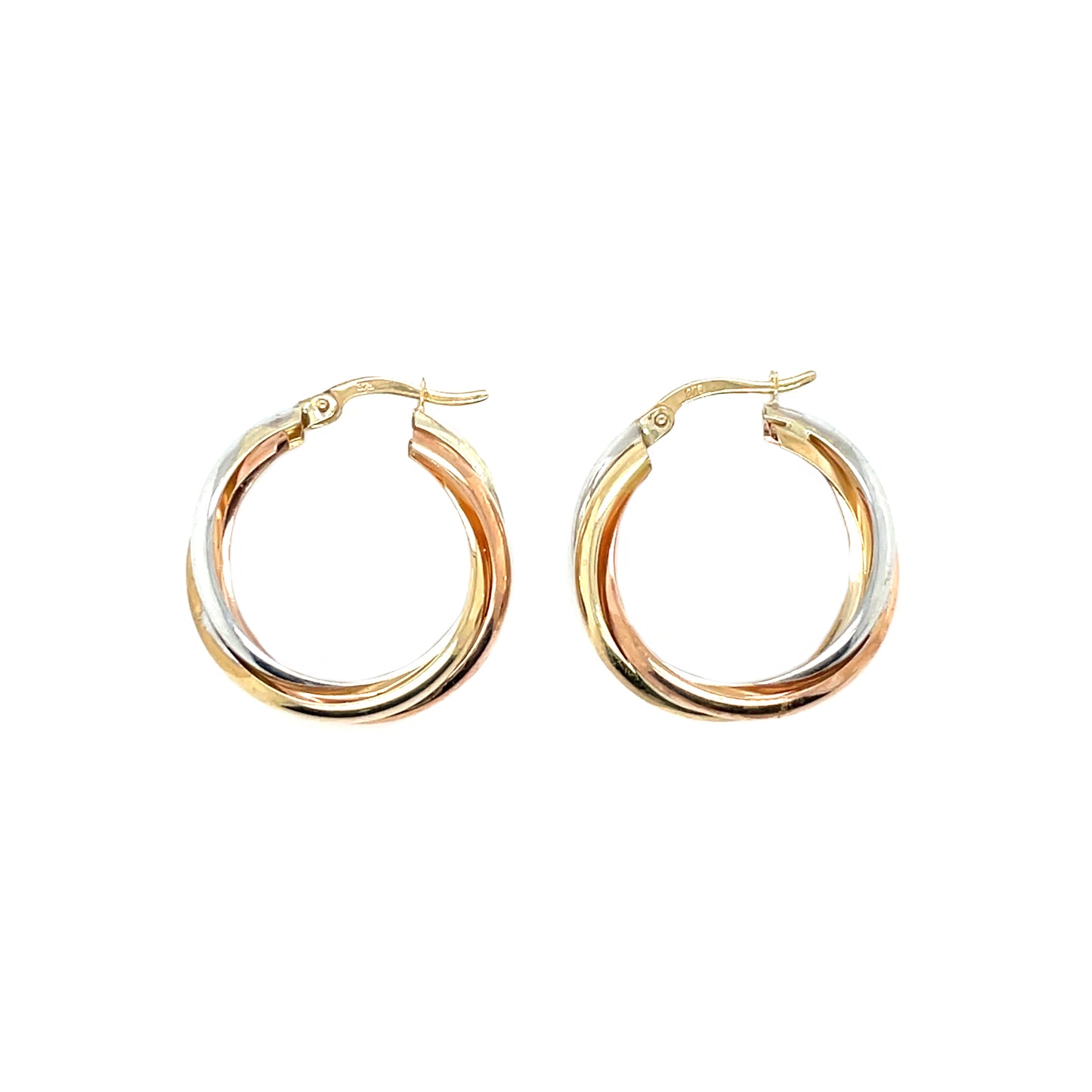 9ct Yellow, White & Rose Gold Russian Wedding Hoop Earrings