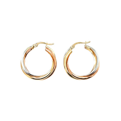 9ct Yellow, White & Rose Gold Russian Wedding Hoop Earrings