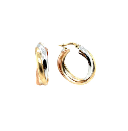 9ct Yellow, White & Rose Gold Russian Wedding Hoop Earrings