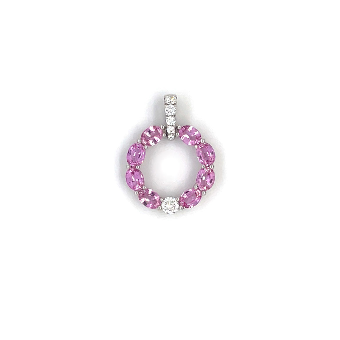 18ct White Gold Pink Sapphire & Diamond Circle Pendant & Chain