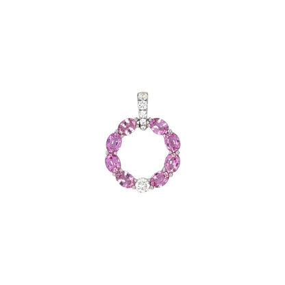 18ct White Gold Pink Sapphire & Diamond Circle Pendant & Chain (16-18")