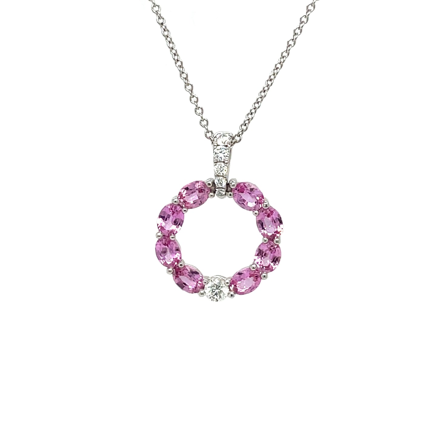 18ct White Gold Pink Sapphire & Diamond Circle Pendant & Chain