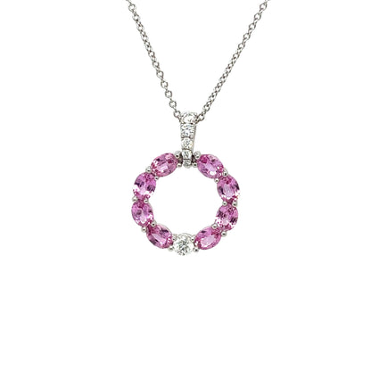 18ct White Gold Pink Sapphire & Diamond Circle Pendant & Chain