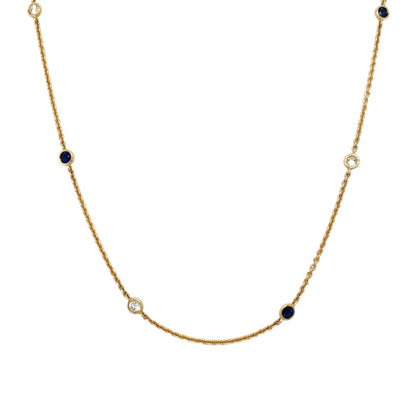 18ct Yellow Gold Sapphire & Diamond Station Necklace (16-18")