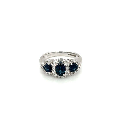 18ct White Gold Sapphire & Diamond Three-Stone Cluster Ring