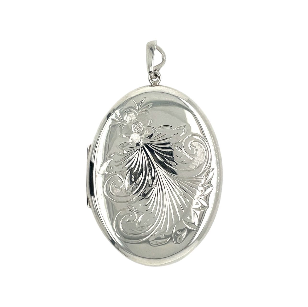 Silver Foliate Engraved Oval Locket (43mm) & Chain (16-18")