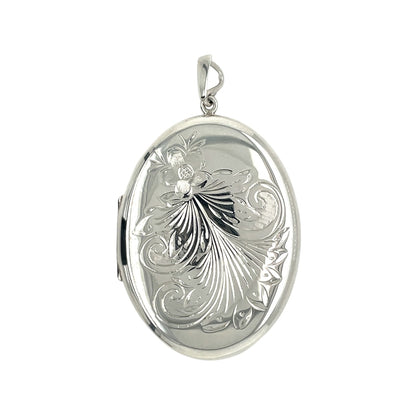 Silver Foliate Engraved Oval Locket (43mm) & Chain (16-18")