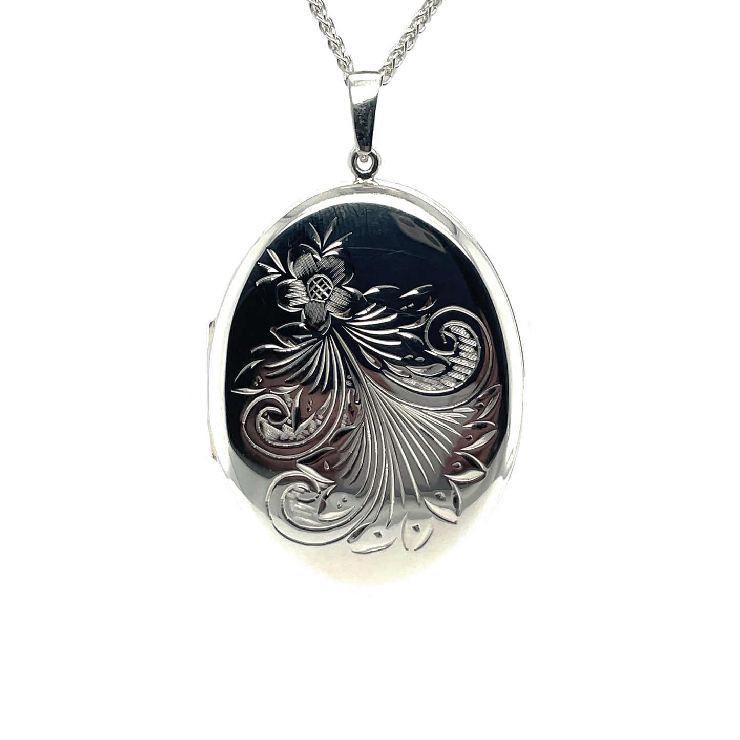 Silver Foliate Engraved Oval Locket (43mm) & Chain (16-18")