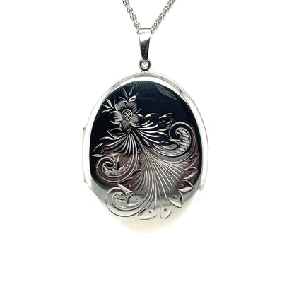 Silver Foliate Engraved Oval Locket (43mm) & Chain (16-18")