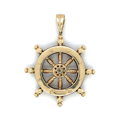14ct Yellow Gold Wood & Diamond Ship Wheel Pendant