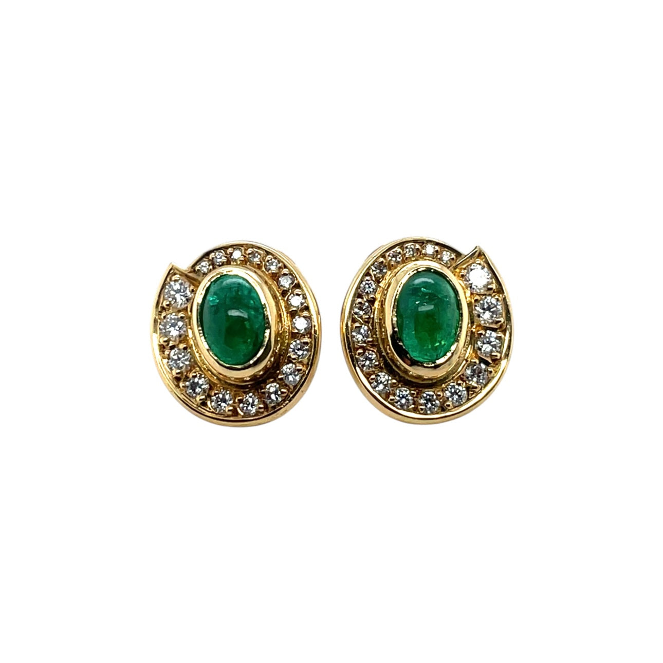 18ct Yellow Gold Cabochon Emerald & Diamond Cluster Earrings