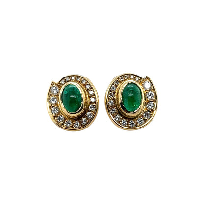 18ct Yellow Gold Cabochon Emerald & Diamond Cluster Earrings