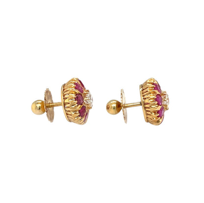 18ct Yellow Gold Ruby & Diamond Cluster Stud Earrings