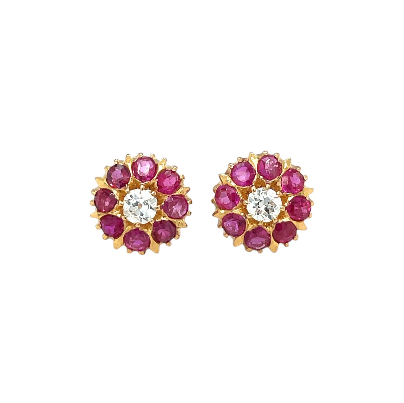 18ct Yellow Gold Ruby & Diamond Cluster Stud Earrings