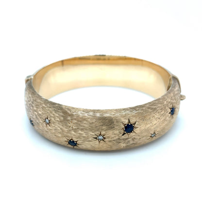 9ct Yellow Gold Diamond & Sapphire Hinged Bangle