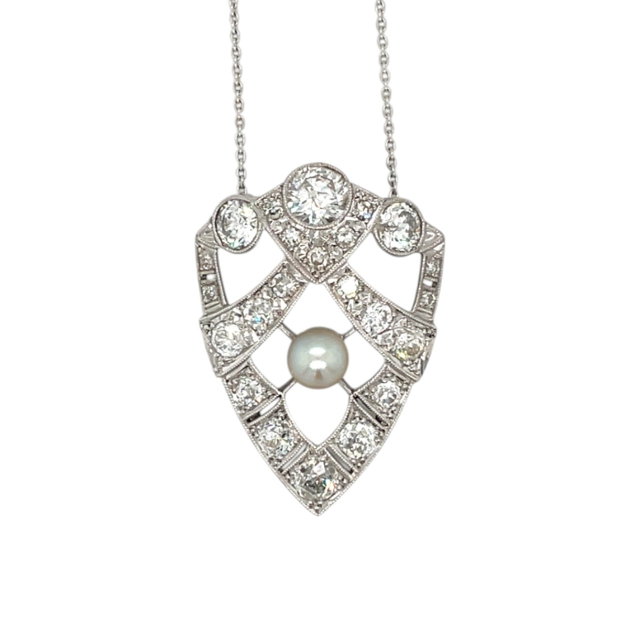 18ct White Metal Diamond & Pearl Pendant & Chain (16")