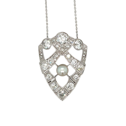 18ct White Metal Diamond & Pearl Pendant & Chain (16")