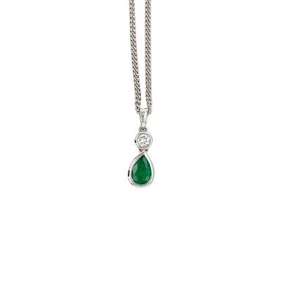 18ct White Gold Emerald & Diamond Drop Pendant