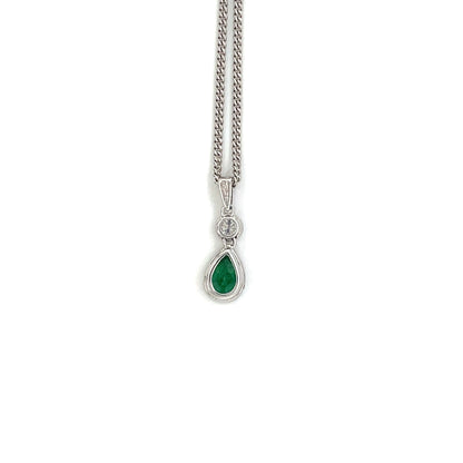 18ct White Gold Emerald & Diamond Drop Pendant