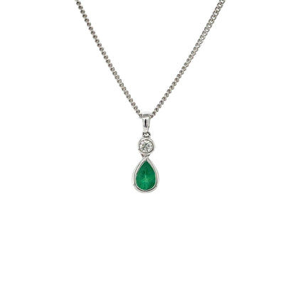 18ct White Gold Emerald & Diamond Drop Pendant