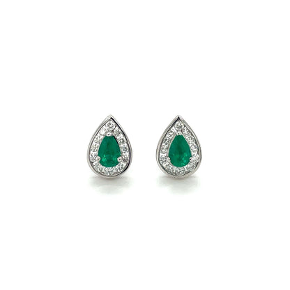 18ct White & Yellow Gold Teardrop Emerald & Diamond Cluster Stud Earrings