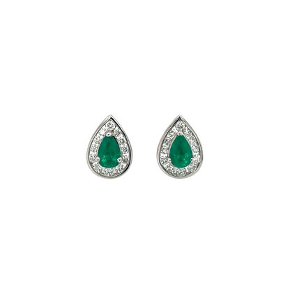 18ct White & Yellow Gold Teardrop Emerald & Diamond Cluster Stud Earrings