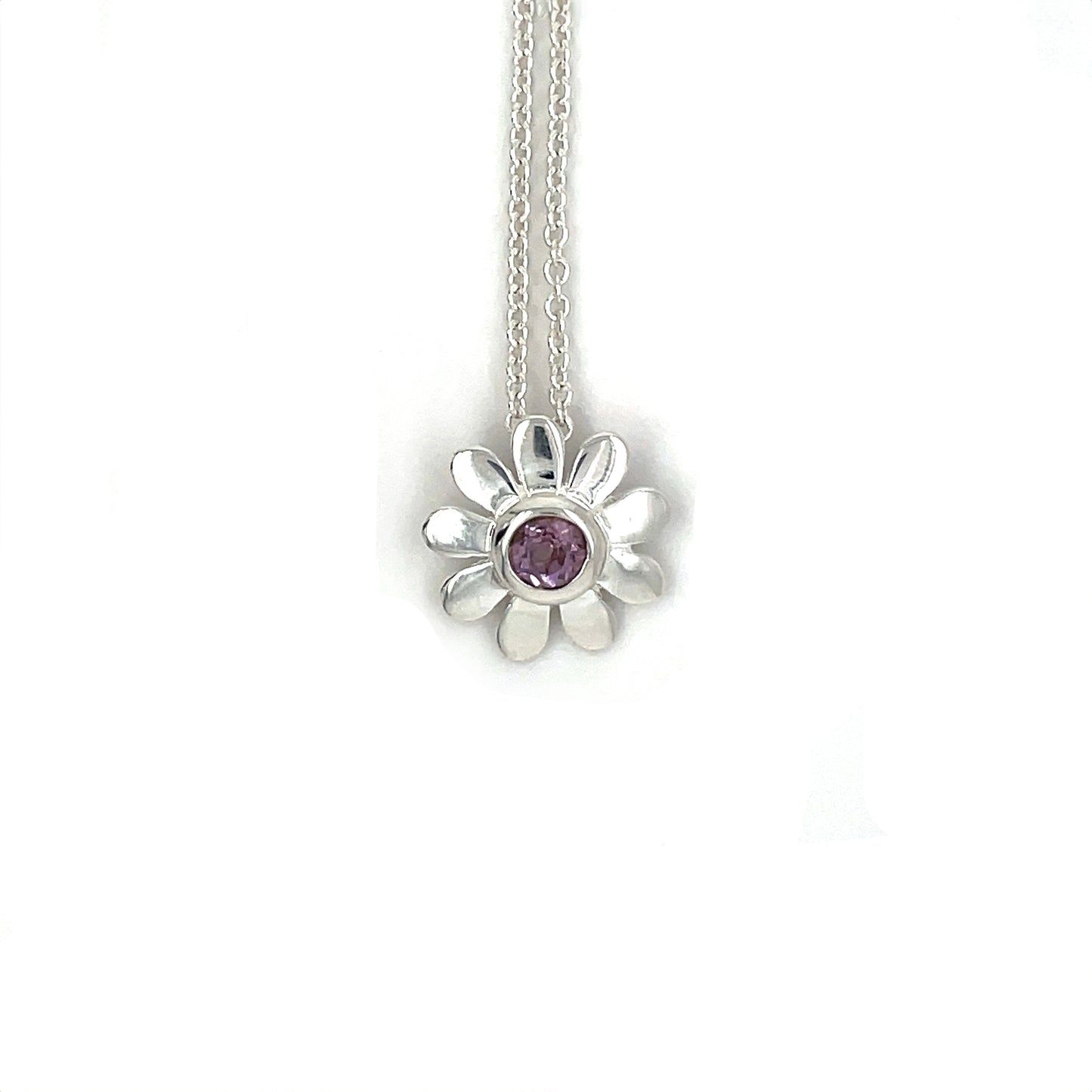 Silver & Amethyst Daisy Flower Pendant & Chain (16")