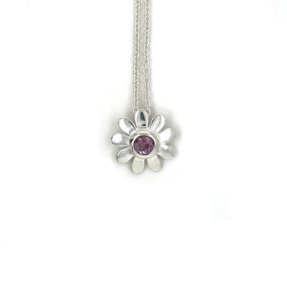 Silver & Amethyst Daisy Flower Pendant & Chain (16")