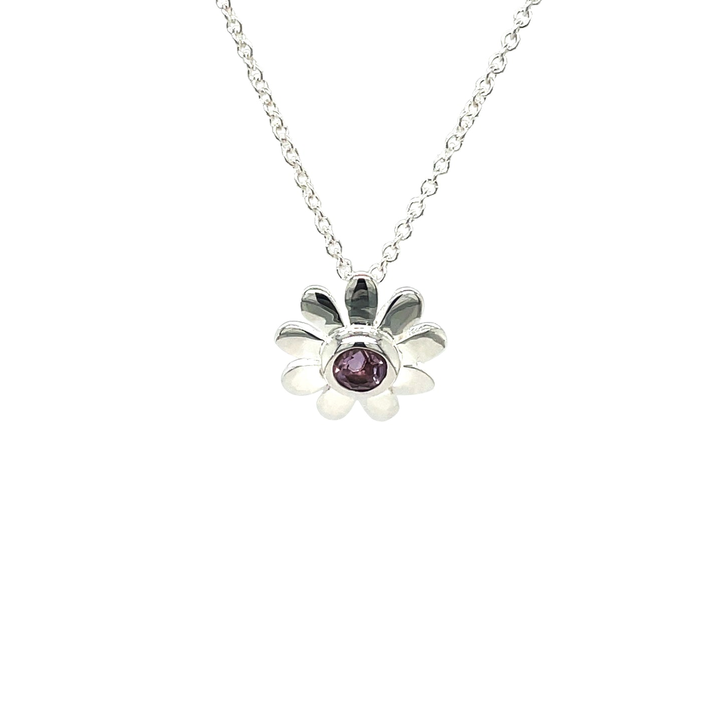 Silver & Amethyst Daisy Flower Pendant & Chain (16")