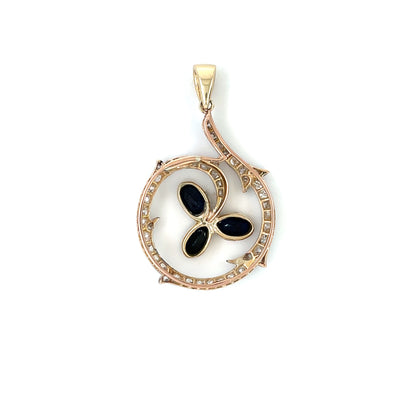 9ct Yellow Gold & Silver Diamond & Sapphire Flower Pendant