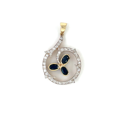 9ct Yellow Gold & Silver Diamond & Sapphire Flower Pendant