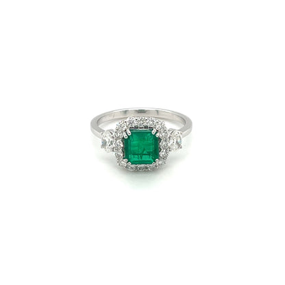 White Gold Diamond & Cushion-cut Emerald Cluster Ring