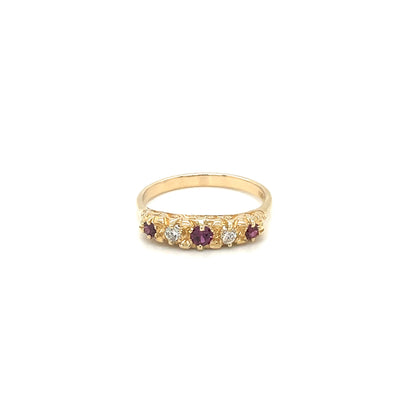 18ct Yellow Gold Ruby & Diamond Carved Half Hoop Ring