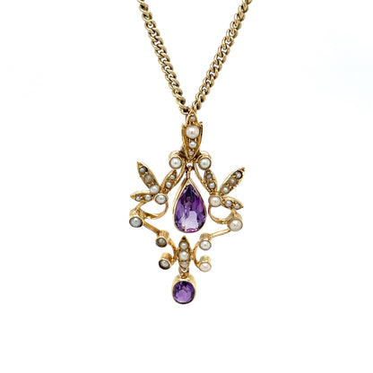 Yellow Gold Amethyst & Pearl Decorative Pendant & Chain