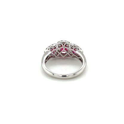 18ct White Gold Ruby & Diamond Three-Stone Cluster Ring