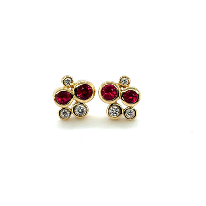 18ct Yellow Gold Ruby & Diamond Bubble Stud Earrings