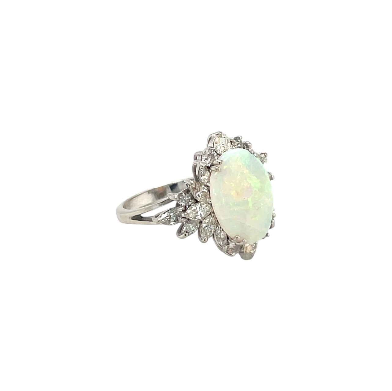 18ct White Gold Opal & Diamond Cluster Ring (L)