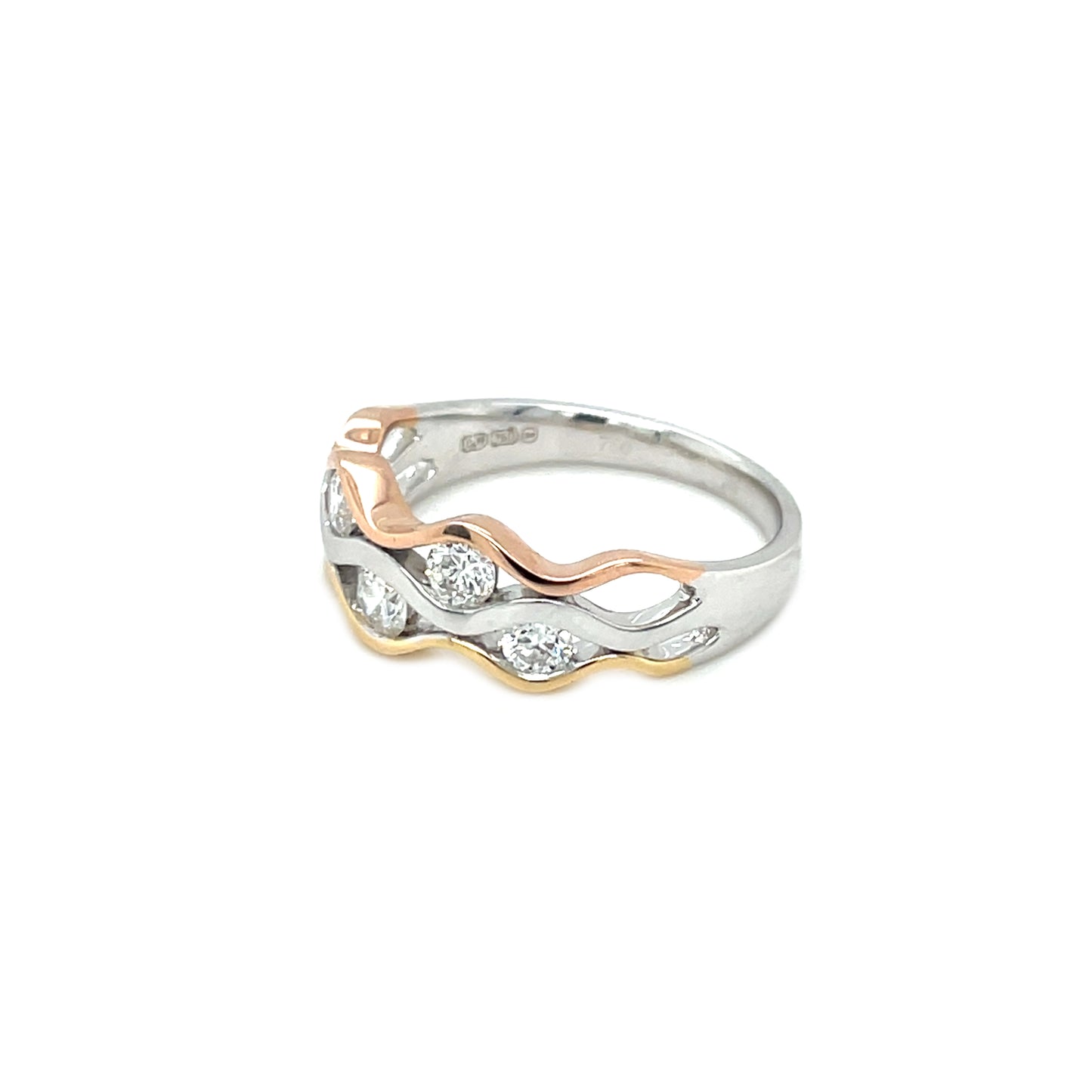 18ct White, Yellow & Rose Gold Diamond Wave Ring (Size M)